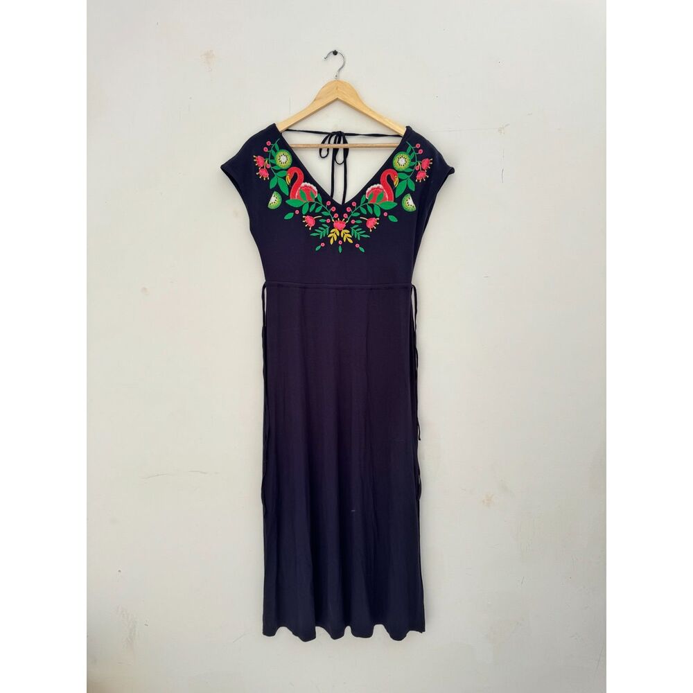 Boden Vanessa Flamingo Embroidered Midi Dress Navy Size 2